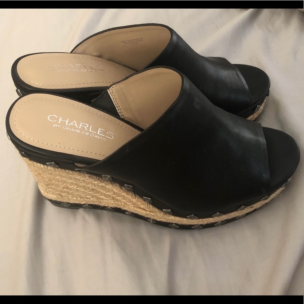 Charles David Black Leather Wedges